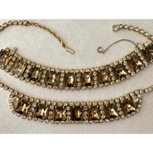 Vintage gold tone large amber faux topaz rhinestones necklace bracelet parure